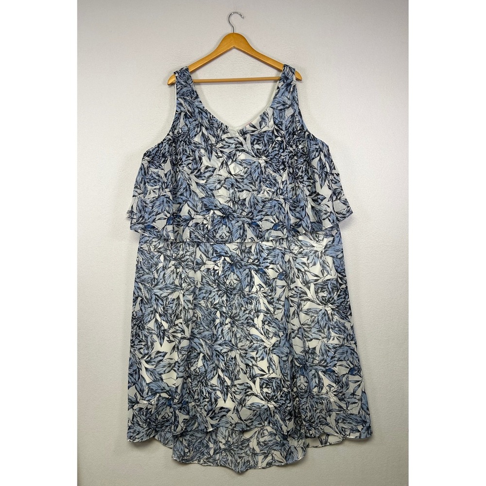 Boho Coastal Woman Within Women 28W Blue White Leaf Ruffle High-Low Dress